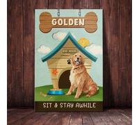Snowsun Letrero de metal con texto en inglés "Golden Retriever Dog House Sit and Stay Awhile" de aluminio, estilo retro, para decoración de pared del hogar, jardín, oficina, 8 x 12 pulgadas