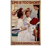 Snowsun Letrero de metal con texto en inglés «Hairstylist Life Is Too Short To Have Boring Hair» de estilo vintage, letrero divertido para decoración de pared para el hogar, jardín, bar, sala de estar