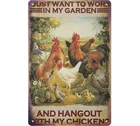 Snowsun Letrero de metal con texto en inglés "Just Want to Work in My Garden and Hang Out with My Chickens Farm", divertido letrero retro vintage de aluminio para decoración de pared de café, 8 x 12