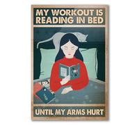 Snowsun Letrero de metal con texto en inglés "My Workout is Reading in Bed Until My Arms Hurt Cat", divertido letrero retro vintage de aluminio para el hogar, jardín, café, decoración de pared