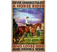 Snowsun Letrero de metal con texto en inglés "Never Underestimate A Horse Rider Who Loves Dog And Drinks Wine Woman" divertido retro vintage letrero de aluminio para decoración de pared de café en el