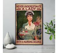 Snowsun Letrero de metal con texto en inglés «Never Underestimate A Lady With A Nursing Degree», divertido letrero retro vintage de aluminio para el hogar, jardín, café, decoración de pared, letrero