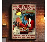 Snowsun Letrero de metal con texto en inglés "Never Underestimate The Power Of A Black Woman With A Sewing Machine", divertido letrero de aluminio retro vintage para decoración de pared de hogar