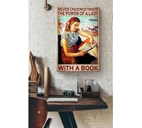 Snowsun Letrero de metal con texto en inglés «Never Underestimate The Power Of A Lady With A Book», de aluminio, vintage, para decoración de pared del hogar, jardín, oficina, 8 x 12 pulgadas