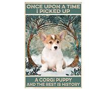Snowsun Letrero de metal con texto en inglés Once Upon A Time I Picked Up A Corgi Puppy and the rest is history dog divertido retro vintage letrero de aluminio para el hogar, jardín, café, decoración