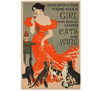 Snowsun Letrero de metal con texto en inglés "Once Upon A Time There was A Girl Who Loved Cats and Wine Cat", divertido letrero retro vintage de aluminio para decoración de pared de café, hogar
