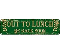 snowsun Letrero de metal con texto en inglés "Out to Lunch Be Back Soon", estilo retro, letrero de aluminio para cocina, hogar, jardín, pared, bar, cafetería, decoración de 4 x 16 pulgadas