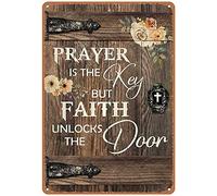 Snowsun Letrero de metal con texto en inglés "Prayer Is The Key,But Faith Unlock The Door", divertido letrero de aluminio retro vintage para decoración de pared de hogar, jardín, café, decoración de