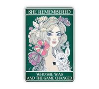 snowsun Letrero de metal con texto en inglés "SHE REMEMBERED WHO SHE WAS AND THE GAME CHANGED", letreros de aluminio retro para cocina, hogar, jardín, pared, bar, cafetería, decoración de 8 x 12