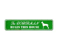 snowsun Letrero de metal con texto en inglés "The Doberman Rules This House", estilo retro, letrero de aluminio para regalo para el hogar, cocina, jardín, pared, resistente a los rayos UV, decoración