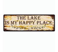 snowsun Letrero de metal con texto en inglés "The Lake is My Happy Place", estilo retro, de aluminio, para cocina, hogar, jardín, pared, bar, cafetería, decoración de 4 x 16 pulgadas
