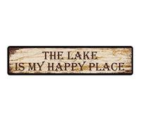 snowsun Letrero de metal con texto en inglés "The Lake is My Happy Place", estilo retro, de aluminio, para cocina, hogar, jardín, pared, bar, cafetería, decoración de 4 x 16 pulgadas