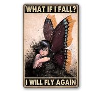 Snowsun Letrero de metal con texto en inglés "What If I Fall I Will Fly Again Girl", divertido letrero retro vintage de aluminio para decoración de pared de café, 8 x 12 pulgadas
