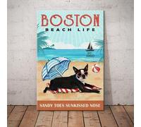 Snowsun Letrero de metal de metal con diseño de Boston Terrier, con diseño de perro de playa y dedos de arena y besos salados, letrero vintage de aluminio, letrero retro para decoración de pared del