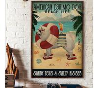 Snowsun Letrero de metal de metal con diseño de perro esquimal americano, vida en la playa, dedos de arena y besos salados, letrero vintage de aluminio, letrero retro para decoración de pared del