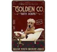 Snowsun Letrero de metal Golden Retriever Bath Soaps Wash Your Worry Away, letrero vintage de estaño, letrero retro de aluminio para cocina, hogar, oficina, bar, cafetería, decoración de 8 x 12