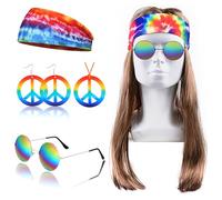 Snowtain 5 Pieces Retro Hippie Costumes,Earrings,Wigs,Hippie Glasses,Peace Sign Necklace,Rainbow Headband,Hippie Costume Accessories,Halloween Party Accessories 80s 90s Accessories.