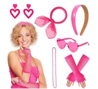 Snowtain 80s Costume Accessories ,Necklace,Pendientes Corazón Rosa,Gafas de Sol Corazón,Fishnet Gloves,Hair Band,Headband,80s 90s Retro Party Disfraz para Carnaval, Juegos de rol (Rosa).