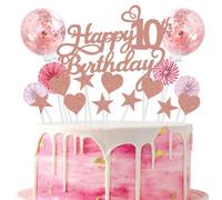 SNOWZAN Happy 10th Birthday - Decoración para tarta de 10 años, color oro rosa, decoración para 10 años, diseño de estrella, corazón para 10 cumpleaños