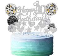 SNOWZAN Happy 10th Birthday - Decoración para tarta de 10 años, color plateado y negro