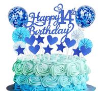 SNOWZAN Happy 14th Birthday - Decoración para tarta de 14 años, color azul marino, diseño de estrella rosa con corazón para 14 cumpleaños