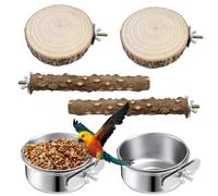 SNSYGN 6 accesorios para periquitos, acero inoxidable, comedero para pájaros, juguete para pájaros, soporte de madera, accesorios para periquitos, cacatúas, loros gorriones