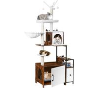 Snughome Árbol para gatos con caja de arena, torre moderna 3 en 1 para gatos de interior, muebles ocultos de 67.32 pulgadas con condominio, estación de alimentos y hamacas, muebles para gatos todo en