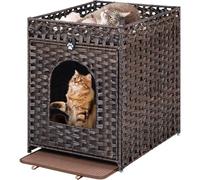 Snughome Caja de arena para gatos con alfombrilla de arena para gatos, muebles ocultos con puerta, caja de baño de ratán tejida a mano, almacenamiento interior para sala de estar, dormitorio, balcón