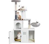 Snughome Caja de arena para gatos con torre de árbol para gatos y condominio, muebles de baño ocultos para gatos con poste rascador de sisal y percha de felpa suave (blanco)