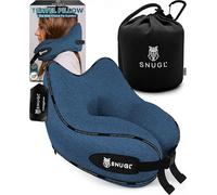 SNUGL Almohada de Viaje Ergonómica - Cojín Cuello Viaje de Espuma Viscoelástica | Almohada Cervical con Bolsa de Transporte para Coche y Avión | (Azul - Adulto Regular)