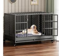 Snuowu Jaula resistente para perros de 48 pulgadas con ruedas, jaula plegable de metal para perros grandes y medianos, jaula indestructible extragrande XL XXL con bandeja extraíble.