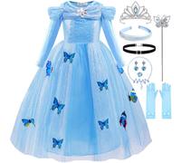 Snyemio Disfraz de Cenicienta Princesa Niña Vestido Azul de Manga Larga con Accesorios para Carnaval Fiesta de Cumpleaños, 4-5 Años