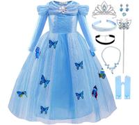 Snyemio Disfraz de Cenicienta Princesa Niña Vestido Azul de Manga Larga con Accesorios para Carnaval Fiesta de Cumpleaños, 6-7 Años