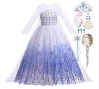 Snyemio Vestido de Princesa Elsa Niña Disfraz de Frozen Carnaval Traje Blanco con Accesorios para Fiesta Cumpleaños, 6-7 Años