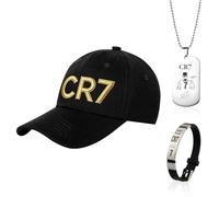 Snyvpra Gorra CR 7 para niños y hombres, negro con emblema dorado 3D ajustable + pulsera C R 7 + collar C R 7 - Juego de fans de fútbol para niños, fans de Cristiano Ronaldoo