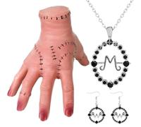 Snyvpra Juego de manos Wednesday con collar y pendientes, mano de látex escarchado realista, decoración de Halloween, accesorios espeluznantes para Halloween y carnaval, cosplay