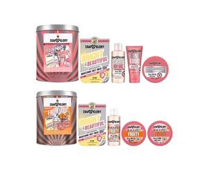 Soap And Glory, Juego de 2 notas tropicales de jabón y gloria original Pink & Call Of Fruity Collection Set de regalo de lata para mí, lavado corporal,mantequilla corporal,exfoliante, máscara 2 latas