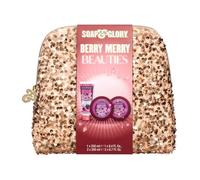 Soap & Glory Berry & Bright Neceser - Juego de regalo para Navidad 2023 - Berry & Bright Body Wash, mantequilla corporal, máscara de hoja brillante y hermosa y bolsa de aseo con purpurina