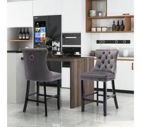 SoarFlash Juego de 2 Taburetes de Barra Modernos Tapizados en Terciopelo con Patas de Madera,Puntadas a Botones,Clavos de Chrome,Sin Brazos,para Mostradores,Gris