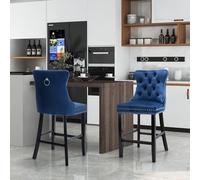 SoarFlash Juego de 2 Taburetes de Barra Modernos Tapizados en Terciopelo con Patas de Madera,Puntadas a Botones,Clavos de Chrome,Sin Brazos,para Mostradores,Azul
