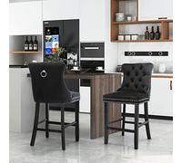 SoarFlash Juego de 2 Taburetes de Barra Modernos Tapizados en Terciopelo con Patas de Madera,Puntadas a Botones,Clavos de Chrome,Sin Brazos,para Mostradores, Negro