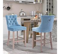 SoarFlash Juego de 2 Taburetes de Barra Modernos Tapizados en Terciopelo con Patas de Madera,Puntadas a Botones,Clavos de Chrome,Sin Brazos,para Mostradores, Azul Cielo