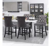 SoarFlash Juego de 4 Taburetes de Barra Modernos Tapizados en Terciopelo con Patas de Madera,Puntadas a Botones,Clavos de Chrome,Sin Brazos,para Mostradores,Gris