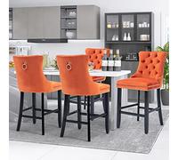 SoarFlash Juego de 4 Taburetes de Barra Modernos Tapizados en Terciopelo con Patas de Madera,Puntadas a Botones,Clavos de Chrome,Sin Brazos,para Mostradores, Naranja