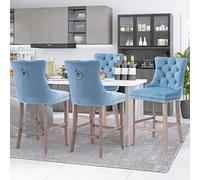 SoarFlash Juego de 4 Taburetes de Barra Modernos Tapizados en Terciopelo con Patas de Madera,Puntadas a Botones,Clavos de Chrome,Sin Brazos,para Mostradores, Azul Cielo