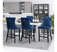 SoarFlash Juego de 4 Taburetes de Barra Modernos Tapizados en Terciopelo con Patas de Madera,Puntadas a Botones,Clavos de Chrome,Sin Brazos,para Mostradores,Azul