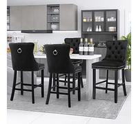 SoarFlash Juego de 4 Taburetes de Barra Modernos Tapizados en Terciopelo con Patas de Madera,Puntadas a Botones,Clavos de Chrome,Sin Brazos,para Mostradores, Negro