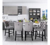 SoarFlash Juego de 6 Taburetes de Barra Modernos Tapizados en Terciopelo con Patas de Madera,Puntadas a Botones,Clavos de Chrome,Sin Brazos,para Mostradores,Gris