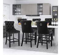 SoarFlash Juego de 6 Taburetes de Barra Modernos Tapizados en Terciopelo con Patas de Madera,Puntadas a Botones,Clavos de Chrome,Sin Brazos,para Mostradores, Negro