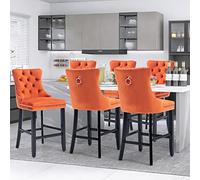 SoarFlash Juego de 6 Taburetes de Barra Modernos Tapizados en Terciopelo con Patas de Madera,Puntadas a Botones,Clavos de Chrome,Sin Brazos,para Mostradores, Naranja